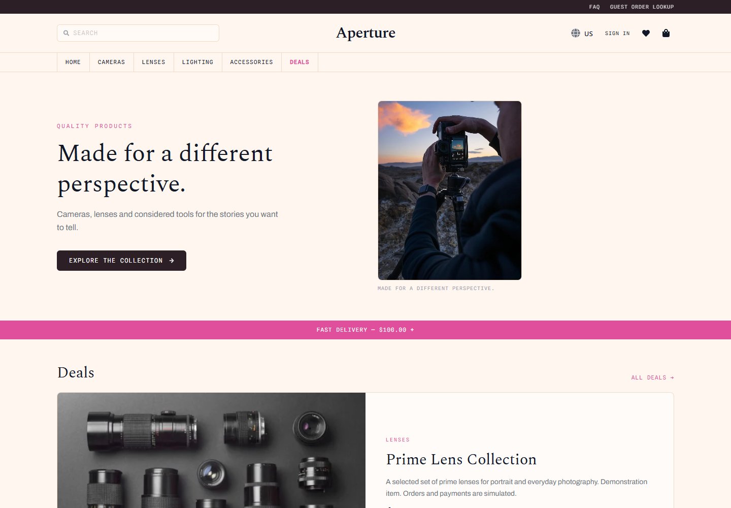 Actual Aperture demo storefront homepage
